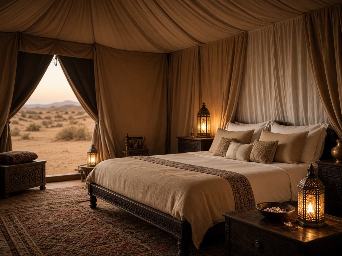 Elegant desert tent interior with warm lantern lighting