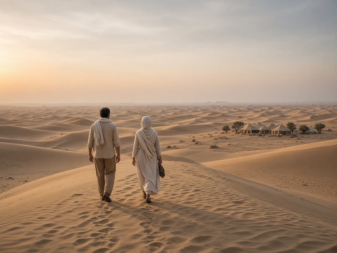 Travellers walking on dunes near a distant desert camp