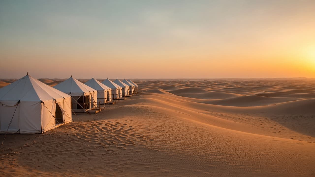Tents at a desert camp on the Sam Sand Dunes near Jaisalmer in the late afternoon