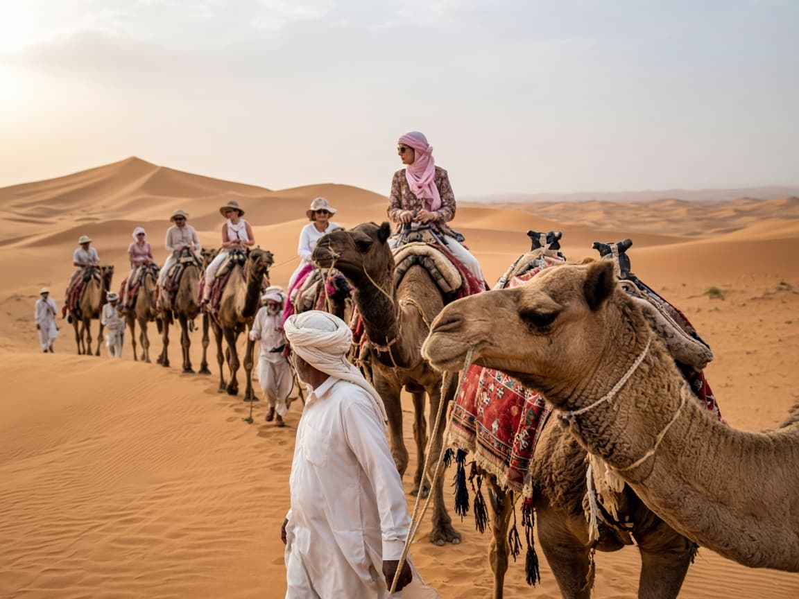 Camels being led across the sand on a safari near Jaisalmer