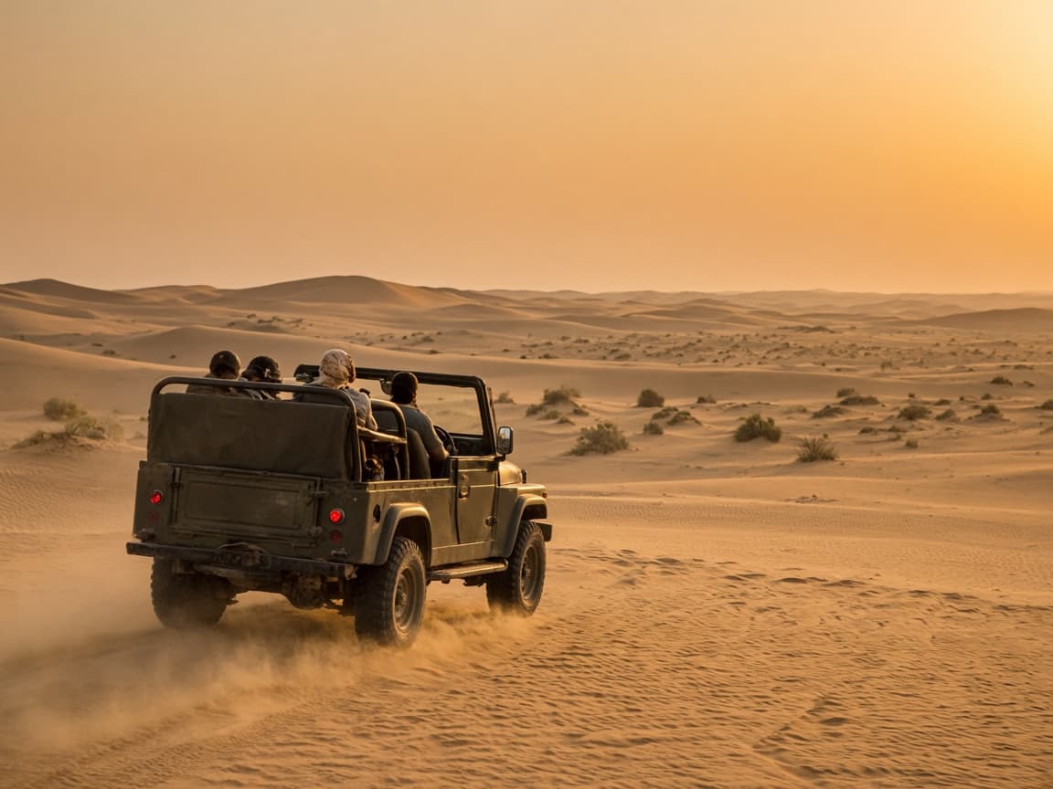 Open jeep on a sand track in the desert near Jaisalmer